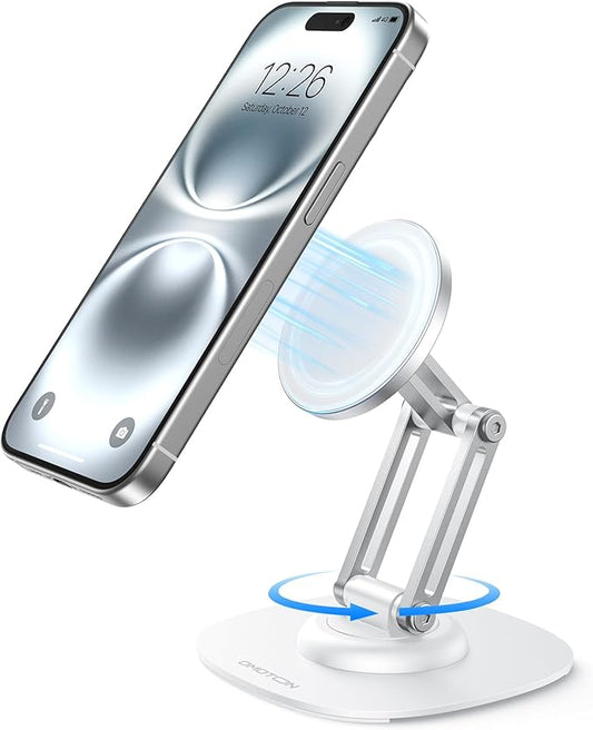 OMOTON 360°Rotating Magnetic Phone Stand for Desk, Adjustable Foldable Aluminum for MagSafe Cell Phone Stand Holder with Non-Slip Base, for iPhone 16/15/14/13 Pro Max (White)