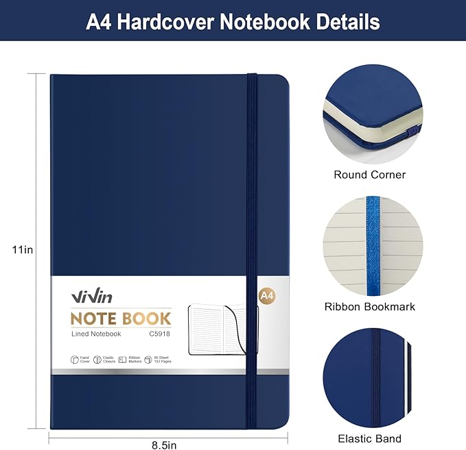 ViVin A4 College Ruled Notebook for Work, 8.5" x 11" Leather Hardcover Journal,192 Pages Professional Lined Notebook for Office & Business
