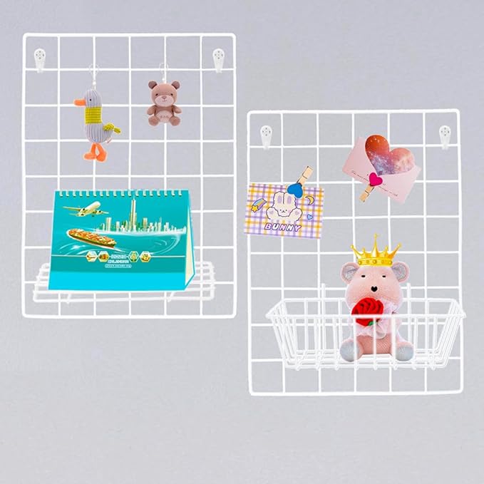 DIJIAHUA 2 Pack Wall Grid Panel Wire Photo Wall Pictures Display Board with Accessory Wall Storage Organizer Memo Board Over Desk Décor for Home, Office and Dorm, White