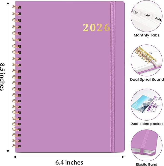 2026 Planner, Weekly and Monthly Calendar Planner Book, January 2026 - December 2026, Hardcover Spiral Planner with Monthly Tabs, Notes Pages, Perfect for Women & Men, A5 (6.4" x 8.5") - Purple