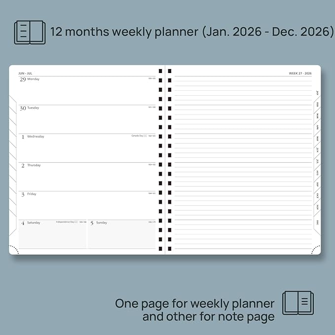 POPRUN 2026 Planner Weekly Notebook Calendar (Jan-Dec), Large Size 8.5'' x 10.5'' - Agenda 2026 Appointment Book with Monthly Tabs, Inner Pocket, Spiral Soft Cover, 100 GSM TJ - Soft Pink