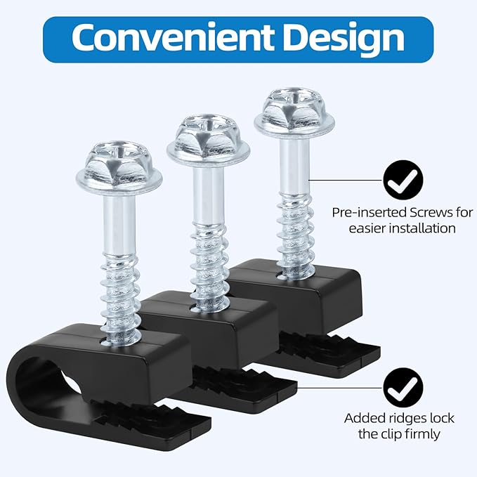 Black Cable Clips with Inserted Screws, Flexible Single Cable Screw Clips, Electrical Wire Fastener, 50 PCS