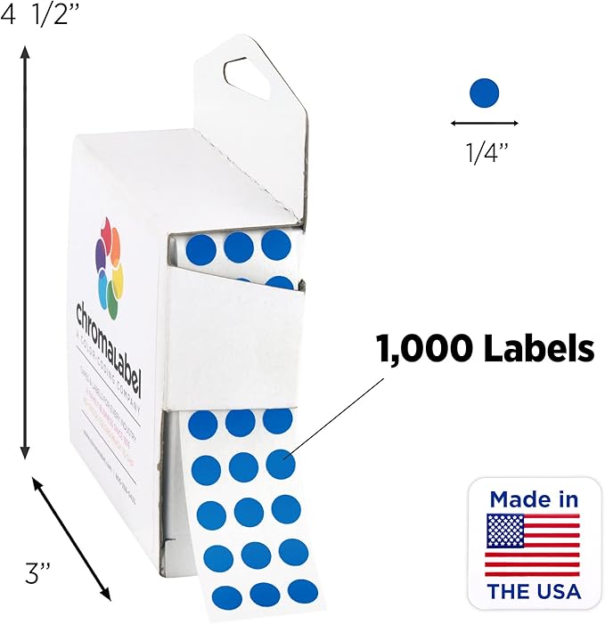 ChromaLabel Blue Circle Sticker 1/4 Inch Permanent Labels, Round Colored Small Sticker, Adhesive dots for Crafts Colored, 1000 Dark Blue Dot Stickers with Dispenser Box