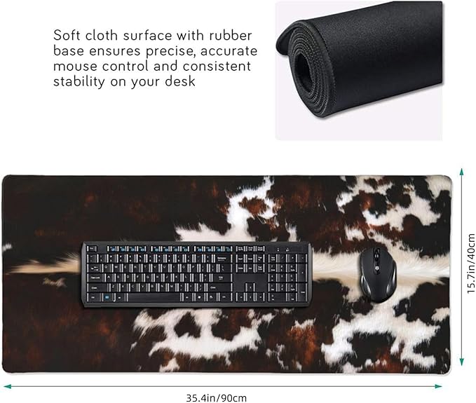 Gaming Mouse Pad, Large Non-Slip Rubber Base Mousepad, Keyboard Mouse Mat, Desk Pad with Stitched Edges,35.4x15.7inch, Brown Cowhide