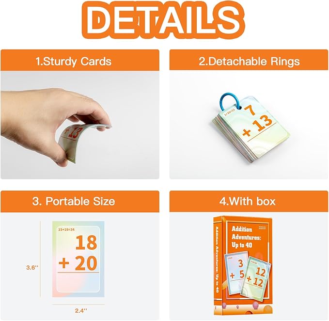 Addition Flash Cards, Math Facts Flashcards 1-20, Manipulatives Games for Kindergarten, 1st, 2nd, 3rd, 4th, 5th, 6th Grade Kids Ages 4-12