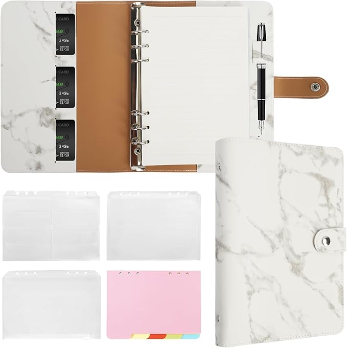 FYY A5 Binder Refillable Planner Notebook 6 Ring PU Leather Binder Journal with Pockets, Dividers, Refill Paper Marble White