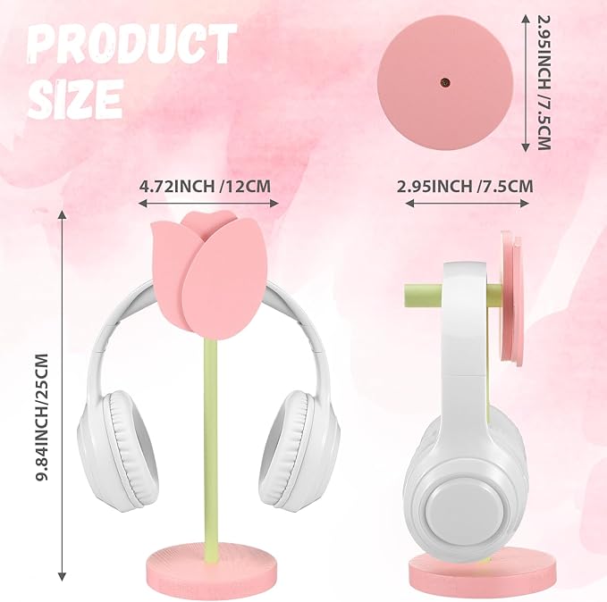 Yookeer Cute Headphone Stand Decorative Tulip Headphone Stand Cute Pink Flower Wood Desk Decor for Gamer Room Office Desk Christmas Gaming Gifts for Girlfriend Office Worker