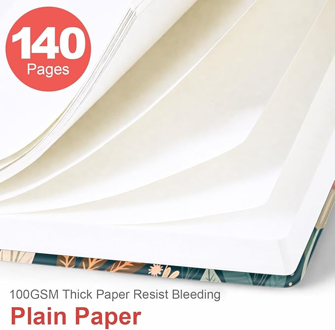 Heveboik A5 Blank Notebook - 70 Sheets/140 Pages Blank Paper Notebook, 100 GSM Thick White Paper, 5.8" x 8.3" Spiral Blank Journal, Flower-B