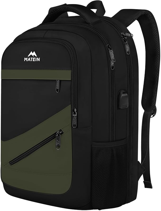 MATEIN 17 Inch Laptop Backpack for Work, Airline Approved Carry On Travel Backpack with USB Charging Port and Luggage Strap, Water Resistant College Computer Daypack Gifts for Men Women, Black Green