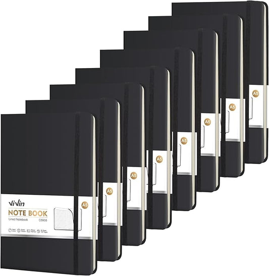 ViVin Lined Journal Notebooks for Work, 192 Pages, Medium 5.5 x 8.3 inch, College Ruled, A5 Hardcover Journaling Notebooks for Writing, 8 Pack Bulk,Black