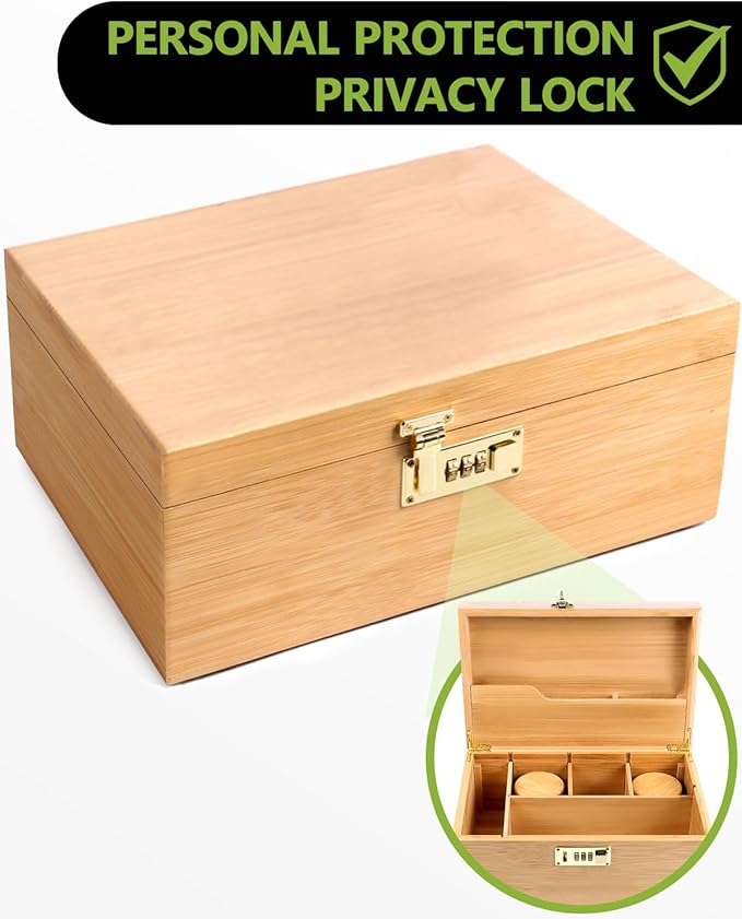 OZCHIN Large Bamboo Box with Combination Lock Decorative box for Home Great Gift Choice Storage Lockbox with Storage Jar, Christmas Gifts for Men Women