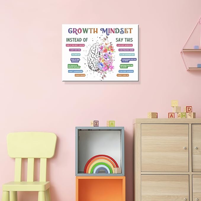 uoyien Classroom Growth Mindset Affirmations for Kids Mental Health Posters Brain Poster Psychology Special Education Calm Corner Wall Art Office Therapy Canvas Wall Decor Prints 16x24in Wrapped Canvas