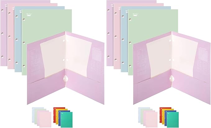 Mr. Pen- Pocket Folders, 4 Pocket, 8 Pack, Pastel Colors, Folders with Pockets 3 Hole Punched, Folder, Binder Folder
