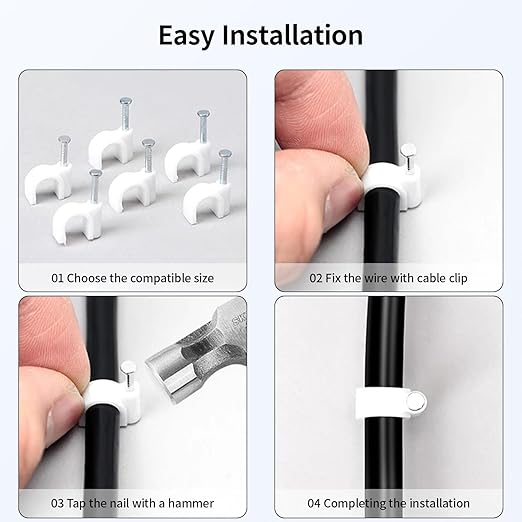 LeMotech 400pcs Cable Clips 5/6/8/10mm Cable Nail Clips Cable TacksWire Wall Clips with Steel Nails for Cable Cord Management RG6 RG59 CAT5 CAT6 RJ45 Electrical Ethernet Coaxial Clamps, White