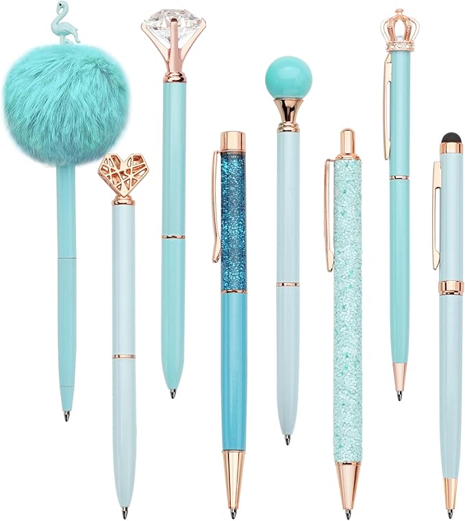 WEMATE 8Pcs Ballpoint Pens Set Metal Crystal Diamond Pen Glitter Pen for Journaling Blue Bling in Black & Blue Ink Pretty Cute Pens Fancy Pens Gifts for Women Wedding School Office Desk(Blue)
