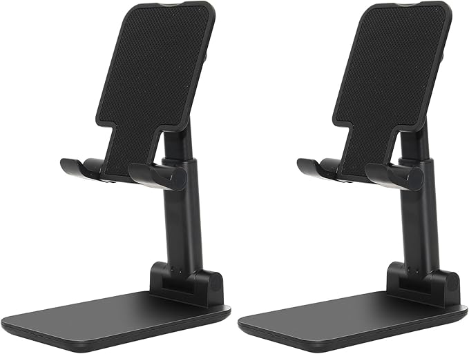 2 Pcs Folding Cell Phone Stand, Fully Adjustable Angle Height Phone Stand for Desk, Foldable/Portable Desktop Phone Holder Compatible with All Phone 14 13 12 11 Smartphones (Black and Black)