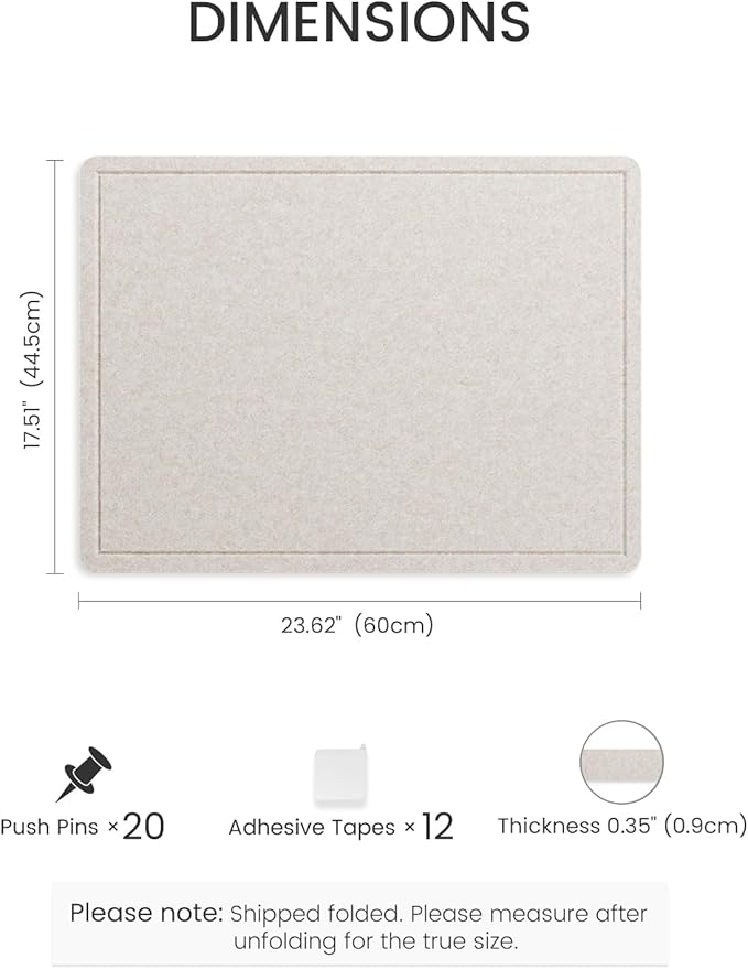 Fluxynara Bulletin Board, 23.6" x 17.5" Cork Board Alternative with 12 Safe Removable Adhesive Tabs, Foldable Felt Pin Board for Home Office, Classroom, Bedroom,Entryway for Walls— Oatmeal