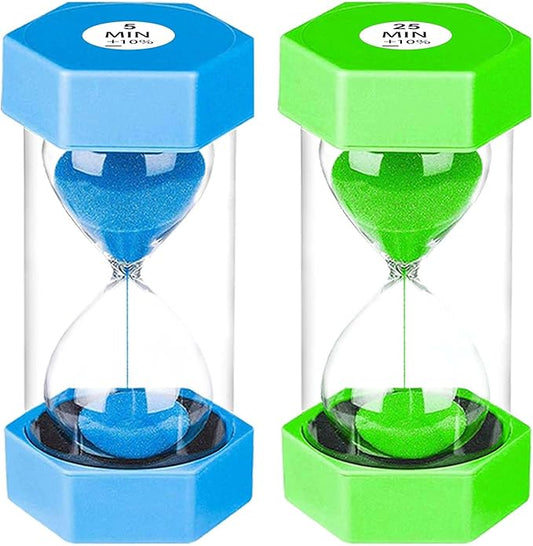 SuLiao Hourglass Sand Timer for Kids,Plastic Sand Clock 5/25 Minutes Set,Large Blue Green Sand Watch 5&25Min,Reloj de Arena Niños,Colorful Hour Glass Sandglass Timer for Classroom,Games,Kitchen,Decor