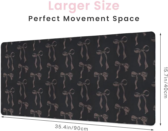 Black Bow Mouse Pad, Extra Large 35.4 x 15.7in Black Mouse Pad with Bows, Full Desk Mat Keyboard Mat Cute Girly Computer Pad Home Office Accessories Desk Decor, Non-Slip Rubber Base Gaming Mousepad