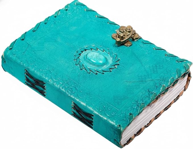TUZECH Leather Journal Large Writing Notebook Handmade Bound Vintage Journal For Women & Men with Lock/Semi-Precious Stone Gift For Art Sketchbook (7 x 5 Inches)