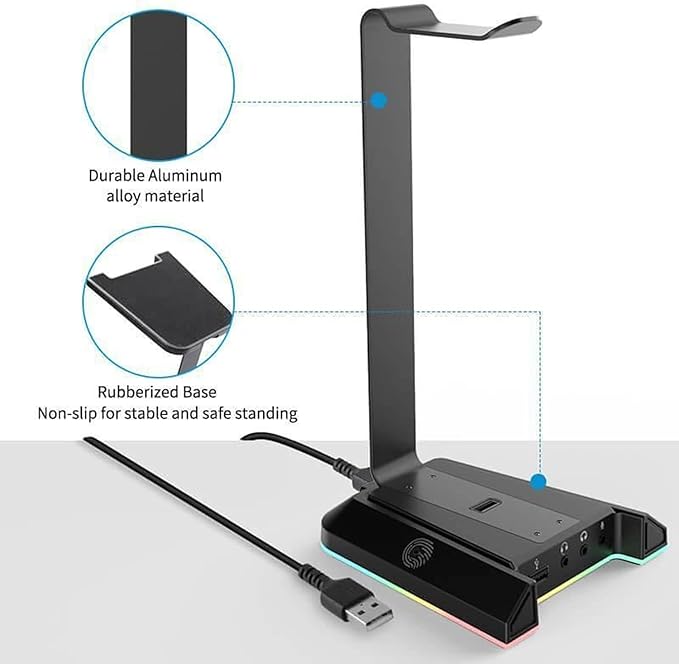 EKSA RGB Headset Stand, Headphone Stands with 7.1 Surround Sound & USB/3.5mm Port, Desk Gaming Headsets Holder with Aluminum Alloy Rod & Non-Slip Rubber Pad, Suitable for Most Gamer Desktop Earphones
