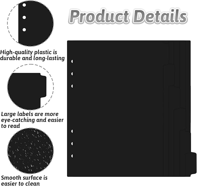 6 Pcs A5 Binder Dividers, 6 Holes Black Binder Divider Index with Tabs Insertable Plastic Index Divider Sheets for Binders Notebook Journal Diary Memo Notepad (Black)