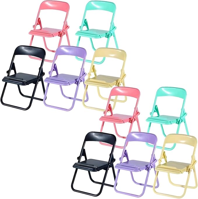 10Pcs Foldable Chair Phone Stand, Mini Universal Mobile Holder in Candy Colors - Cute Desk Decor Accessories, Portable Stool Organizer for Workspace, Gift Ideas and Miniature Decorative Items
