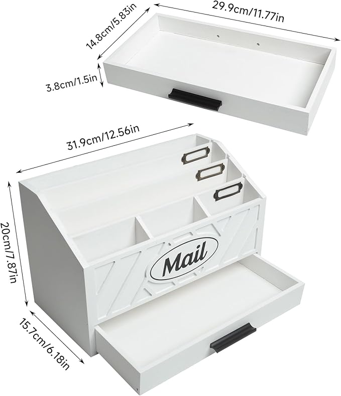 Wood Desktop Mail Organizer, Mail Organizer Countertop with 6 Compartments and Drawer, Wood Mail Holder Office Accessories for File Letter Paper Folder, White