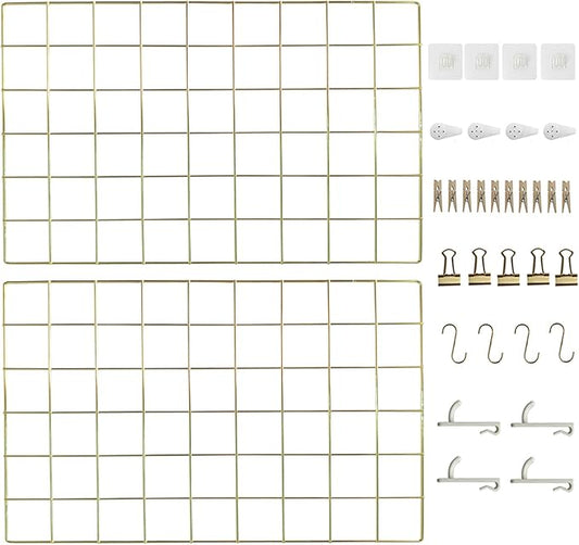 Metal Grid Wall Panel, Wire Grid Photo Display Organizer, 17.3"×11.8" Gold Wire Board Grid Wall, Grid Picture Frame, 2-Pack Wire Mesh Memo Board with Clips and Hooks