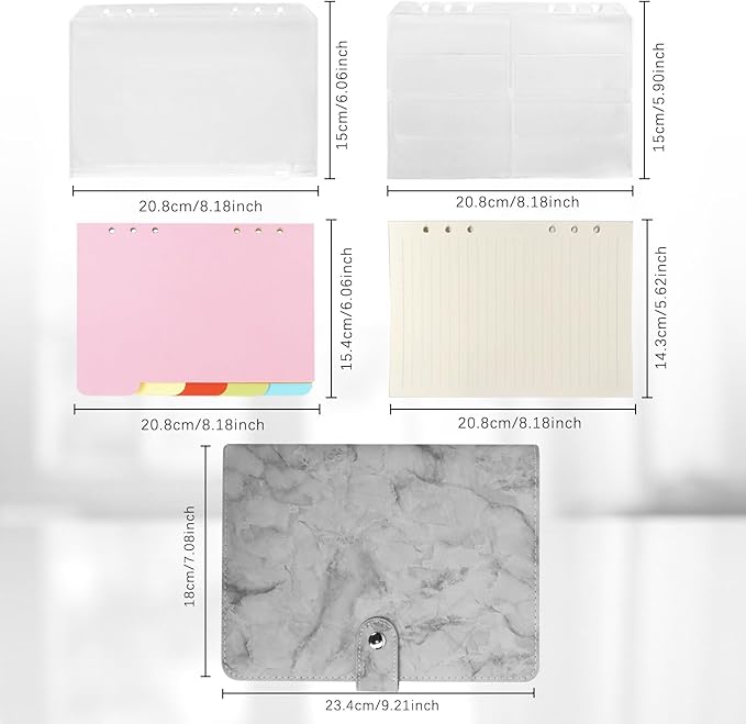 FYY A5 Binder Refillable Planner Notebook 6 Ring PU Leather Binder Journal with Pockets, Dividers, Refill Paper Marble Grey