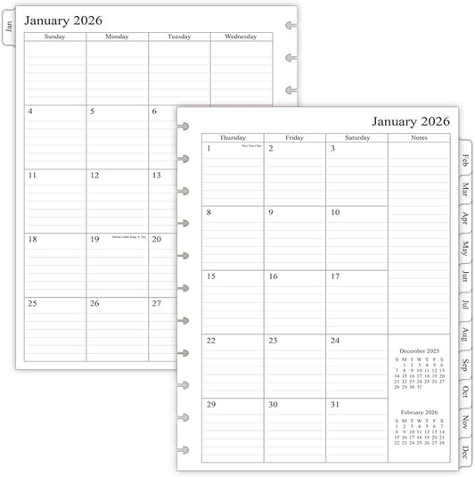 newestor 2026 Monthly Planner Refill for 11-Discbound Notebooks, Two Pages Per Month, Letter Size, 8-1/2" x 11"