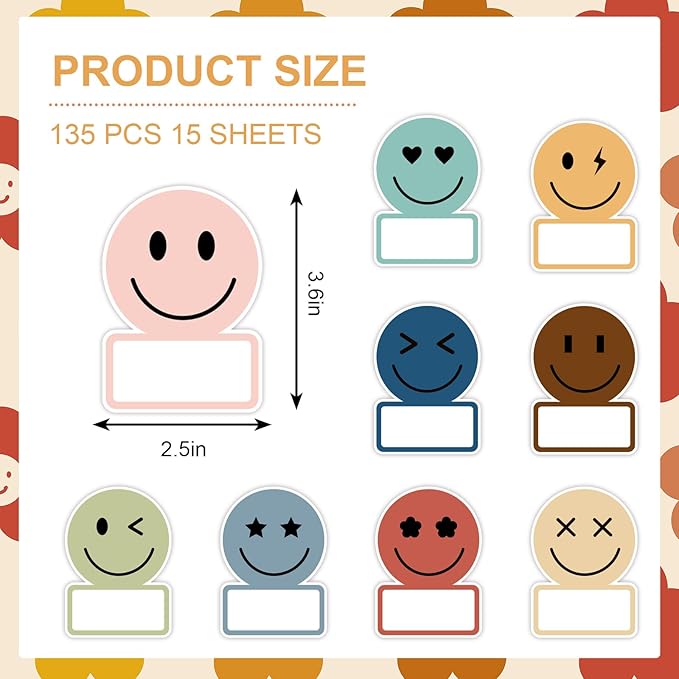 Whaline 135 Pcs Boho Smile Face Name Tags Dark Color 9 Design Nameplate Sticker Classroom Bulletin Board Label Decals for Back to School Desk Wall Message Board