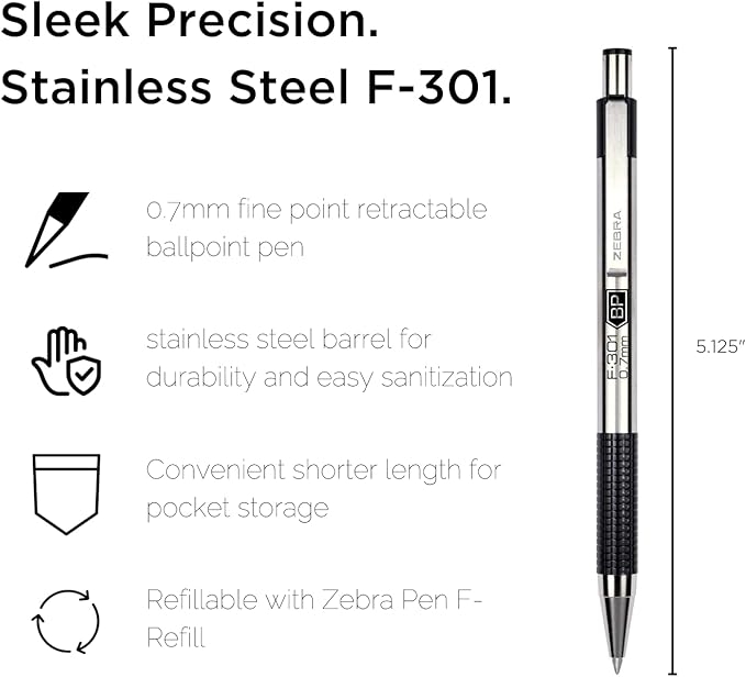Zebra Pen F-301 Ballpoint Blue Ink Fine Point 0.7mm Pen, Easy-Glide Ink, Stainless Steel Retractable, Non-Slip Grip, Professional Design, Ideal for Office, Journal and Planner Use, 12-Pack (27120)