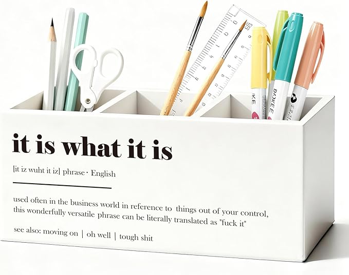 Funny Pen Holder, Funny Pencil Holder for Desk, Office Humor Gifts, Coworkers Gifts for Women Men, It Is What It Is Wooden Box Sign Decorations for Office Workplace Desk Tabletop