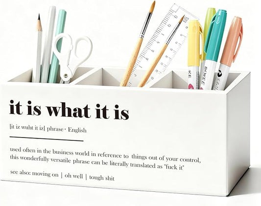 Funny Pen Holder, Funny Pencil Holder for Desk, Office Humor Gifts, Coworkers Gifts for Women Men, It Is What It Is Wooden Box Sign Decorations for Office Workplace Desk Tabletop