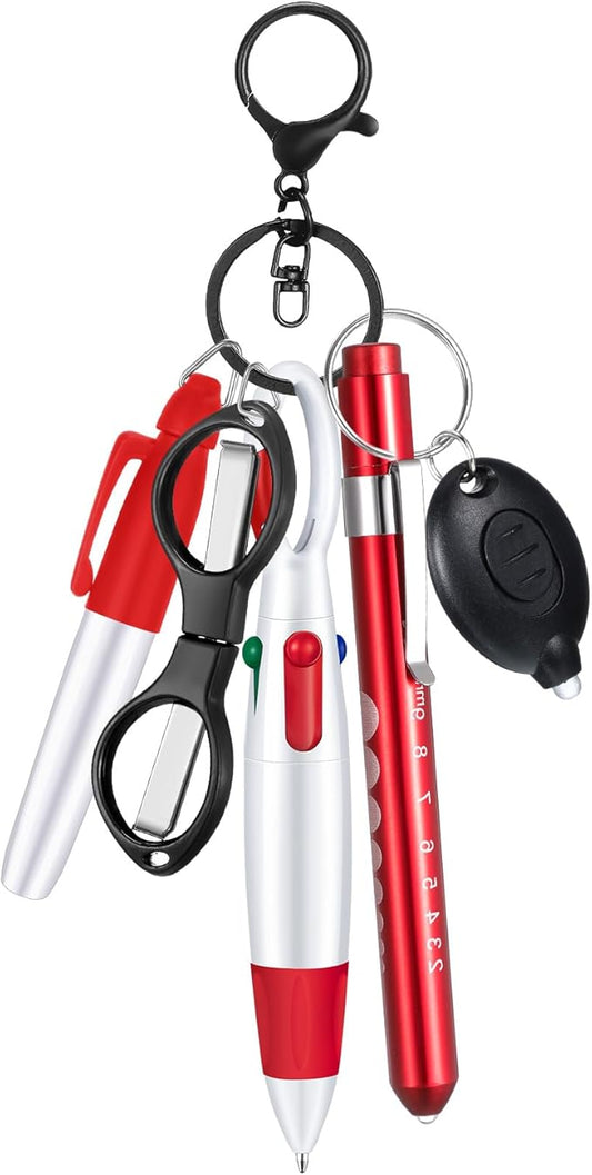6 Pcs Nurse Pen Set Include Permanent Marker Pen Retractable Ballpoint Pen Keychain Clip Foldable Scissors Lights LED Flashlight Keychain for Nurse Accessories(Red)