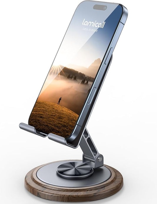 Lamicall Grey Phone Holder, Desk Accessories - Simulated Wood Grain Cell Phone Holder, Office Decor for Women, Valentines Day Gifts for Teen Boys Girls, 4-10” Phones, iPad mini, Gifts for Valentine