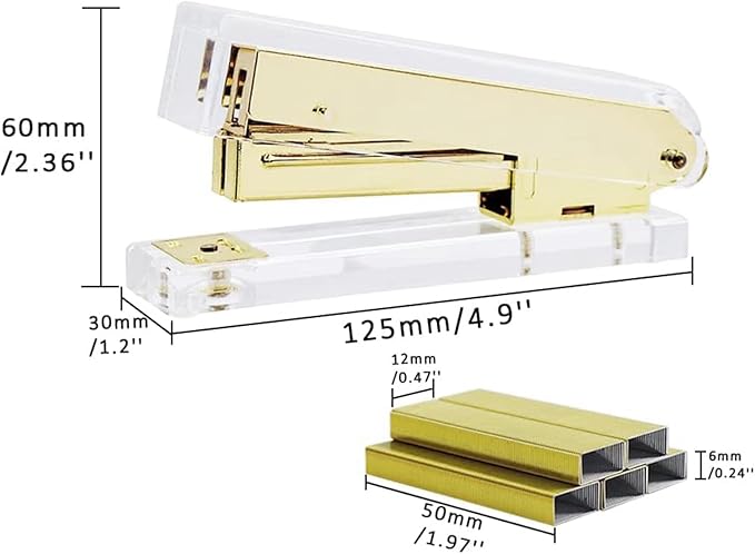 NatSumeBasics Clear Gold Stapler with 1000 Staples, Cute Stapler and 26/6 Staples for Desk Home School Office Stationery Supplies Accessories Decoration (Gold)