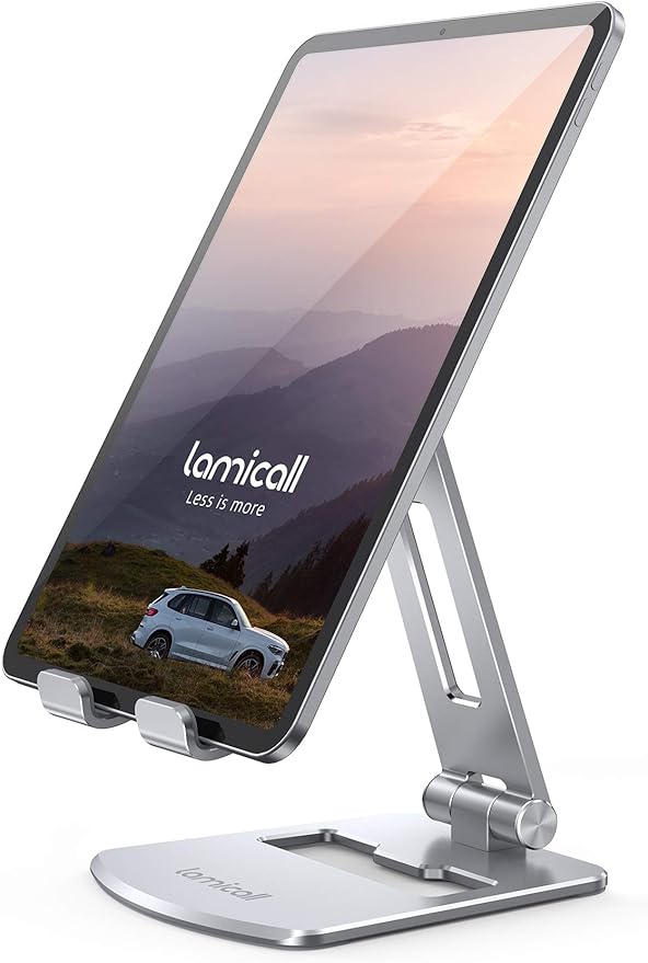 Lamicall Adjustable Tablet Stand Holder - Foldable Phone Dock, 360°Rotating Desktop Tablet Mount Gifts, for 4.7-13" Tablets, iPad Pro 11, 12.9 Air Mini, Tabs, Kindle, iPhone Air 17 Pro Max, Silver