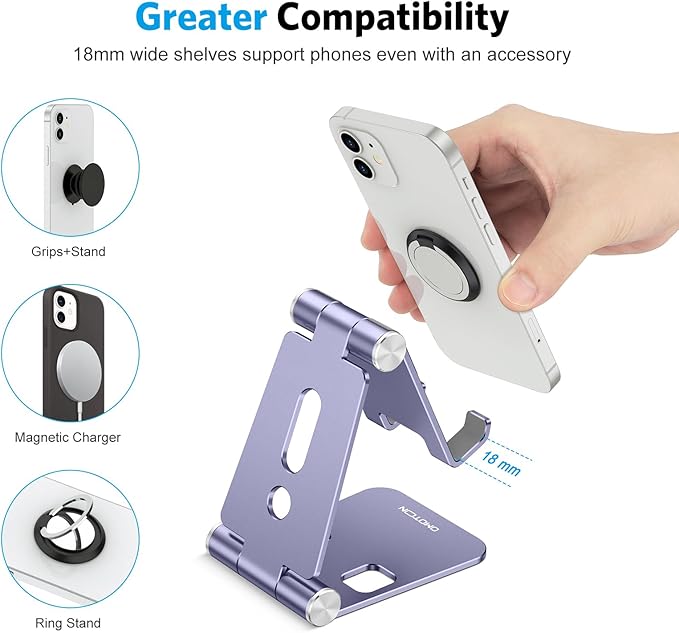 OMOTON Foldable Cell Phone Stand, C4 Portable Aluminum Phone Holder, Adjustable Phone Dock Cradle Compatible with iPhone 17/16/15 Pro Max Air, Samsung Galaxy, Small Tablets, Smart Phones, Purple