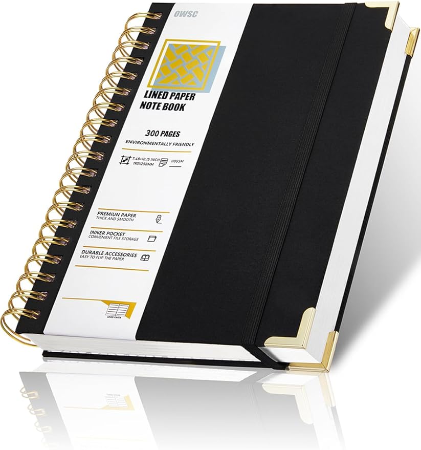 OWSC Lined Spiral Notebook with thick 110 GSM Papers, 300 Pages B5 Size College Ruled Notebook, Hardcover 7.1 x 10 Inches Journal for Women and Men, Notebooks for work, School, 1 Pack Black