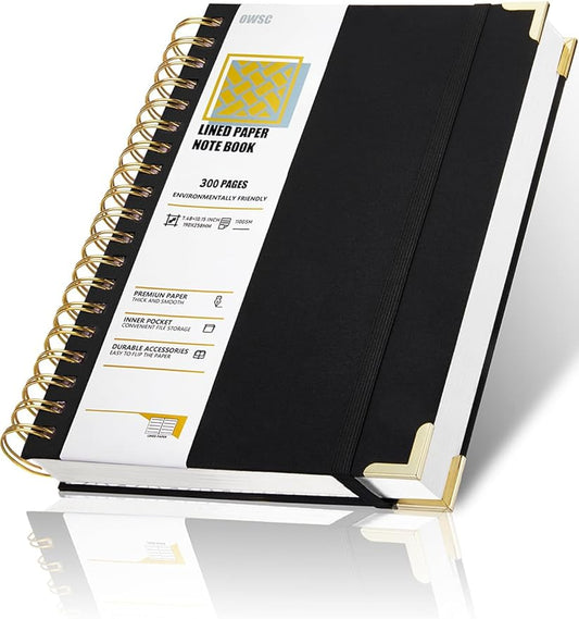 OWSC Lined Spiral Notebook with thick 110 GSM Papers, 300 Pages B5 Size College Ruled Notebook, Hardcover 7.1 x 10 Inches Journal for Women and Men, Notebooks for work, School, 1 Pack Black