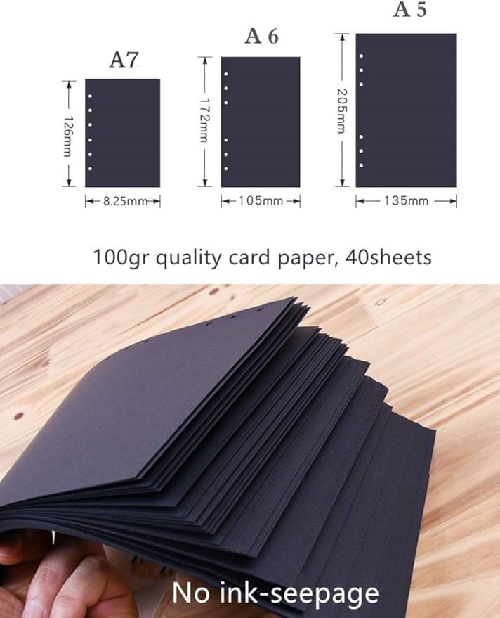 Harphia A7 Planner Refill Pocket 6 Ring Binder Blank Paper Black, Agenda Refill 40 Sheets 100gsm Black Plain Paper 3.23 x 4.92 inches