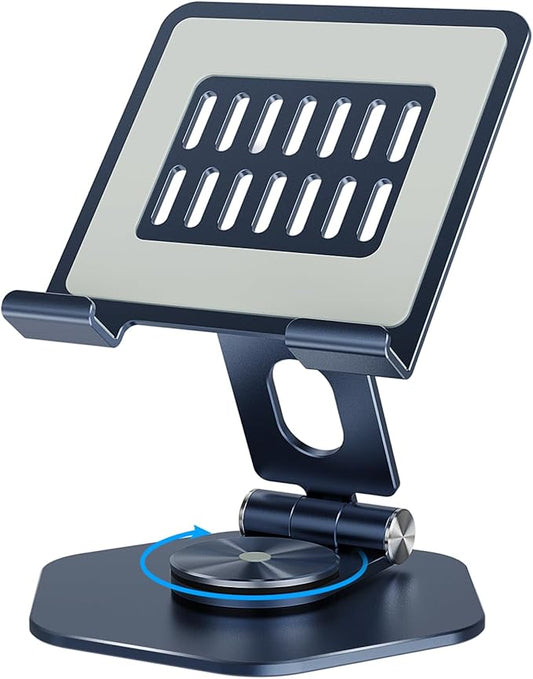Foldable Aluminum Tablet Stand for Desk, 360° Swivel iPad & Tablet Holder – Portable & Stable Desktop Mount for 5–12.9in Devices, Dark Grey