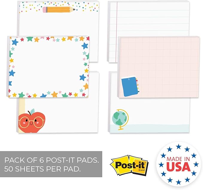 Cute Teacher Icons Sticky Note Pads / 4" x 3" Repositionable Classroom Sticky Notes / 50 Sheets Per Pad/Set of 6 Designs/Made in USA