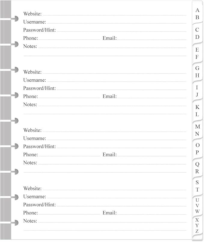 9-Disc Discbound Password Book Refills for Happy Planners - A-Z Password Notebook Refill Paper with Alphabetical Tabs, 120gsm White Paper, 7" x 9.25"