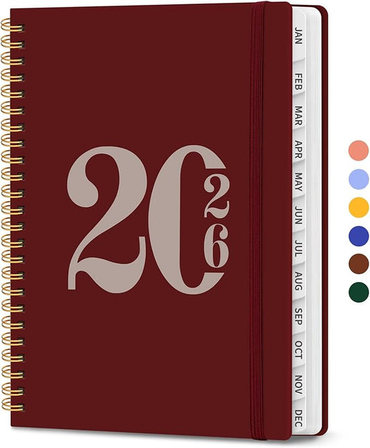 2026 Planner, Weekly and Monthly Calender Planner, Jan 2026 to Dec 2026, Hardcover 2026 Calendar Book with Tabs & Inner Pocket, Office Home School Supplies for Women & Men - A5 (6.3" x 8.5"), Burgundy