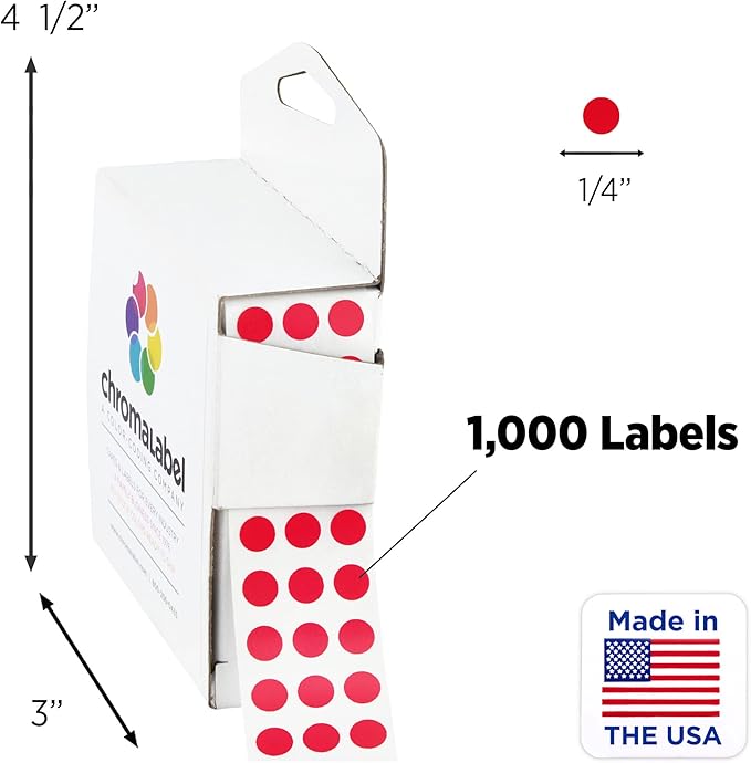 ChromaLabel 1/4 Inch Small Dot Sticker, Red Small Circle Stickers, Red Dots Labels, Small Colored Sticker Dots, 1000 Color Label in Dispenser Box