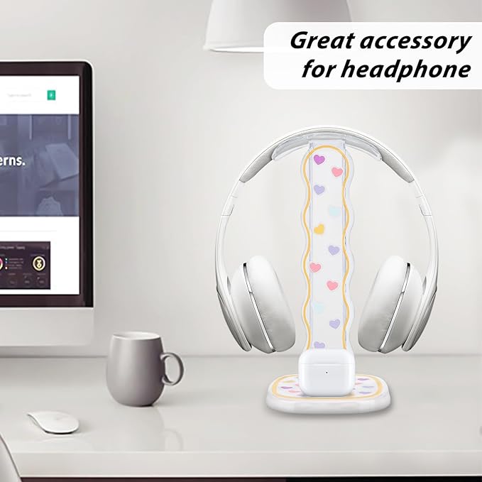 CamyCosy Headphone Holder for Desk, Gaming Headset & Earphone Stand - Clear Love Hearts Pattern Desk Accessory