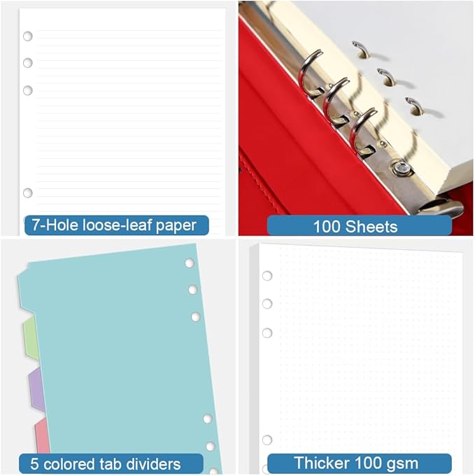 A5 6-Hole Refill Paper, A5 Planner Inserts,100 Sheets Include 80 Lined + 20 Dotted, 5 Colored Index Dividers,Binder Inserts, 100gsm 6 Ring Loose Leaf Paper for Planner, Bullet Journal, Notes,5.8"x8.3"